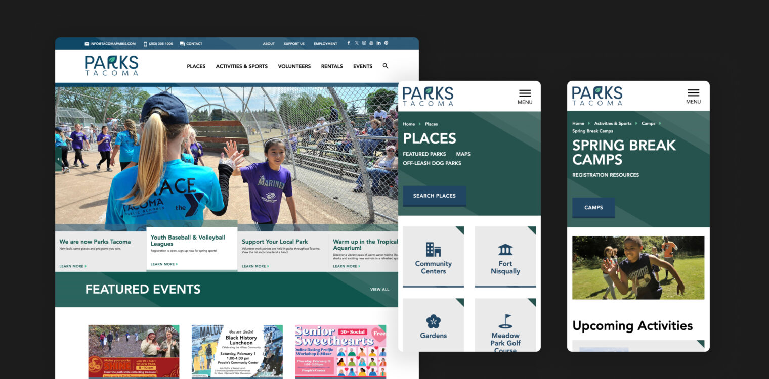 Screenshots of Parks Tacoma website in desktop view and phone view