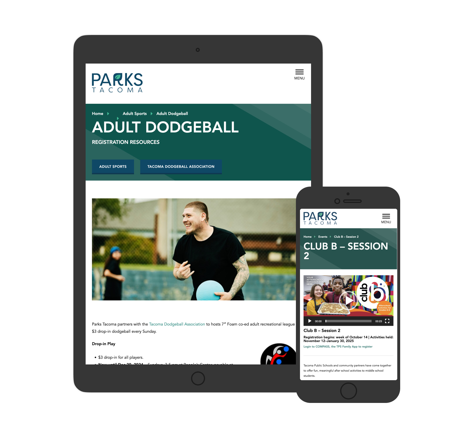 Screenshots of Parks Tacoma website on a tablet and mobile phone