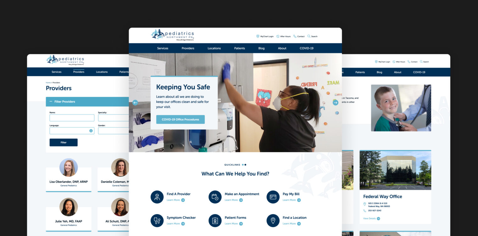 Screenshots of the Pediatrics Northwest website.