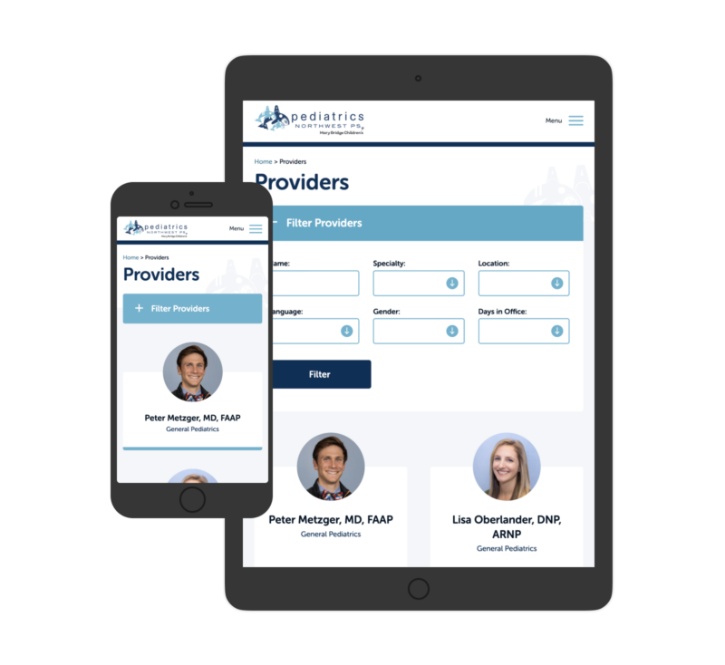 Tablet and mobile phone showing provider search page on the Pediatrics Northwest website.