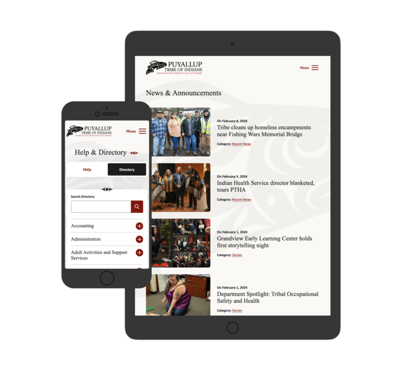 Screenshots of The Puyallup Tribe of Indians website on a tablet and a phone