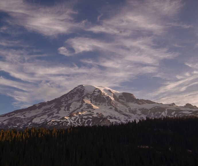 Snowcapped mountain with a foothill of evergreens