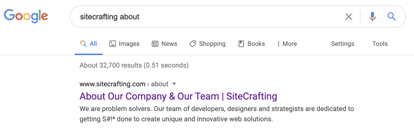 Screenshot of google search results of SiteCrafting.