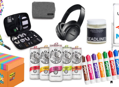Collage with Post-it notes, white claw, headphones, Expo pens and charging cords.