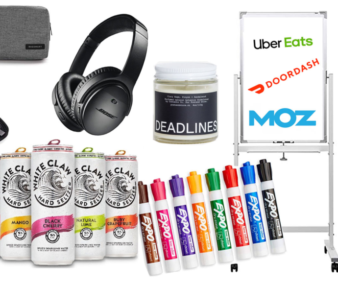 Collage with Post-it notes, white claw, headphones, Expo pens and charging cords.