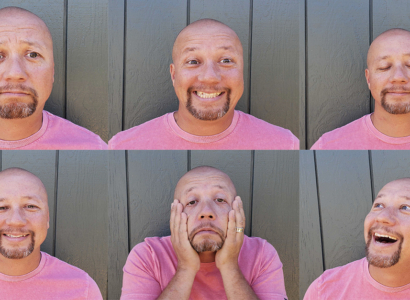 Collage of Telford Burtts making six different emotional faces.