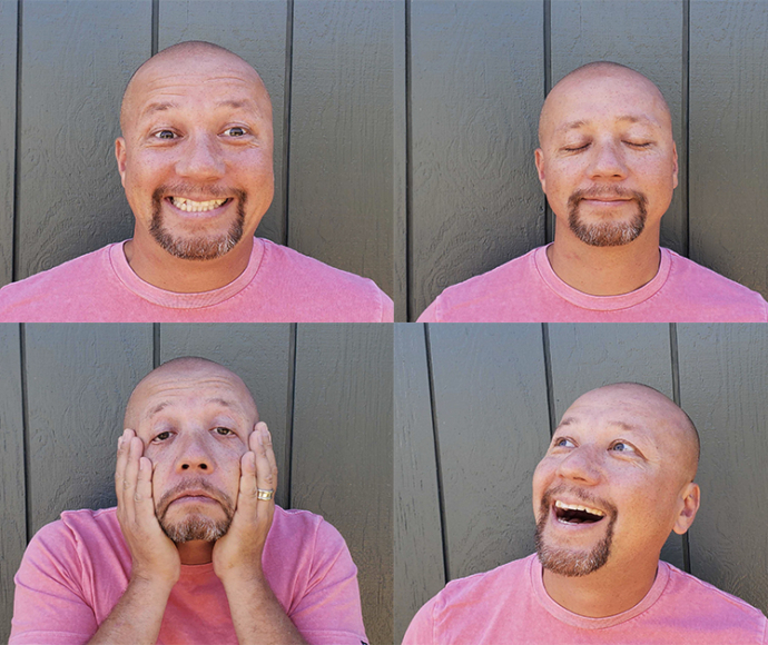 Collage of Telford Burtts making six different emotional faces.