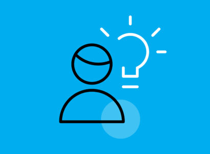 Stylized icon of a person with a glowing lightbulb above their shoulder, symbolizing a new idea.