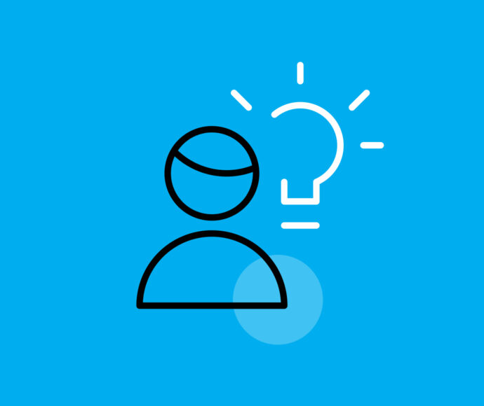 Stylized icon of a person with a glowing lightbulb above their shoulder, symbolizing a new idea.