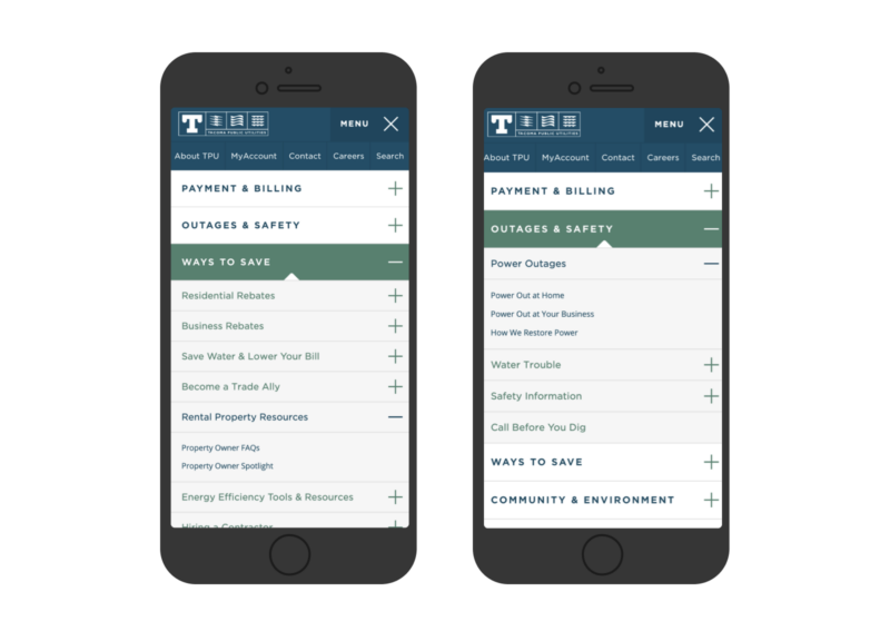 Two mobile phone showing Tacoma Public Utilities website menus.