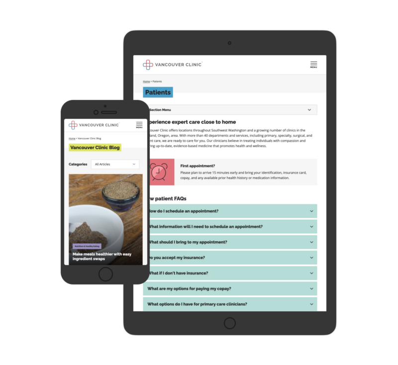 Vancouver Clinic website screenshots on a mobile phone and tablet