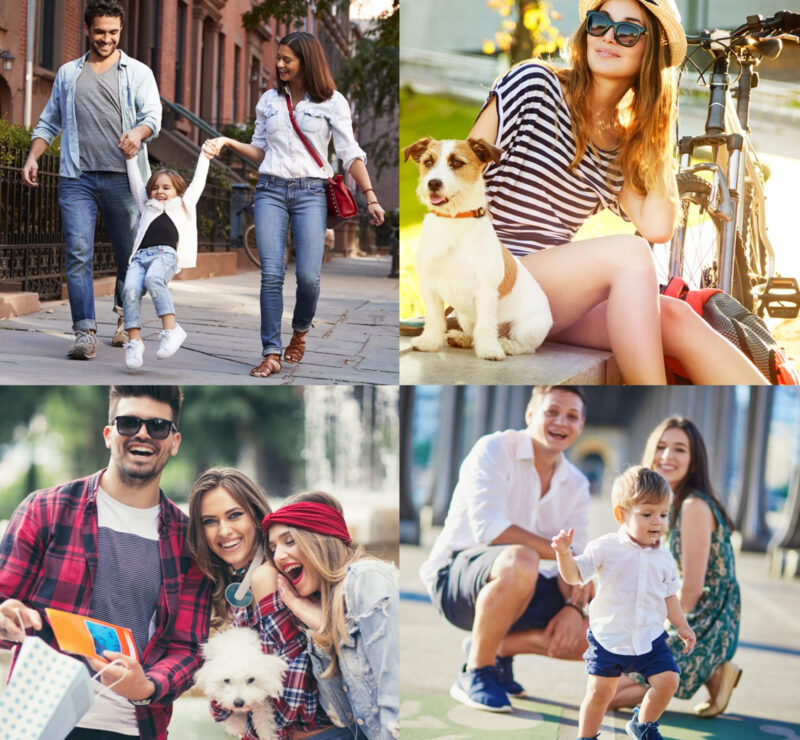 Collage of young hip families laughing.