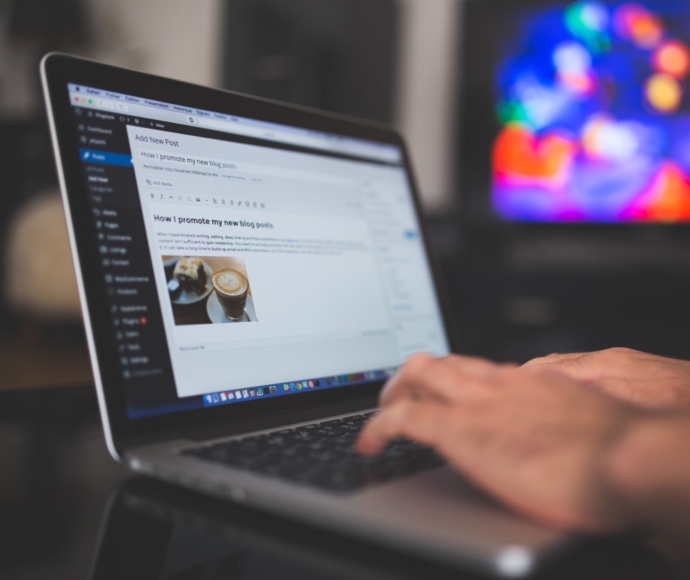Person writing a blog post on a laptop.