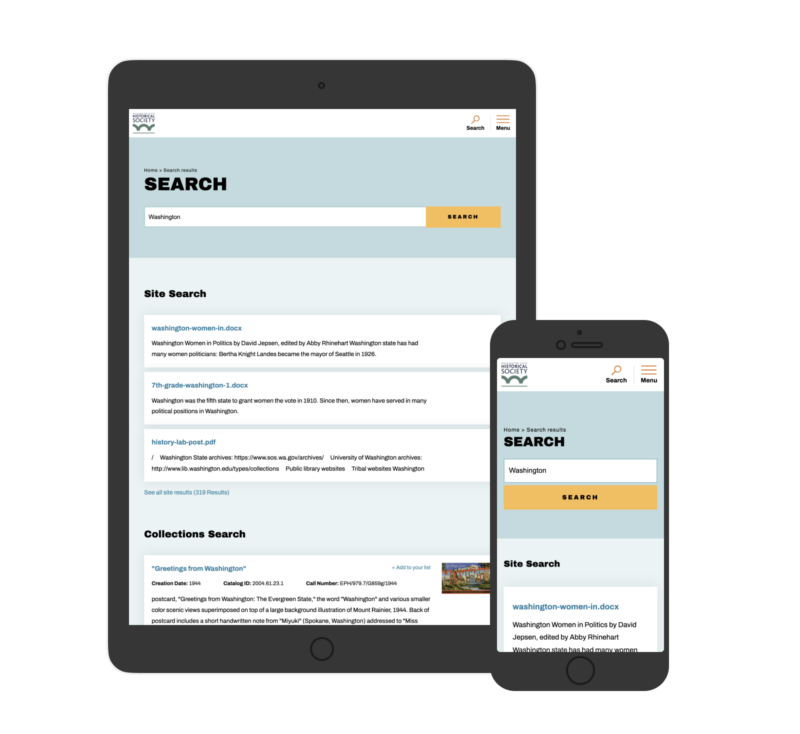 Tablet and phone screenshots of Washington State Historical Society website search page.